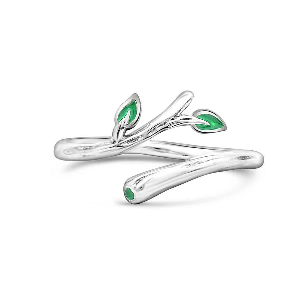 Satinski silver branch green olive leaf adjustable ring