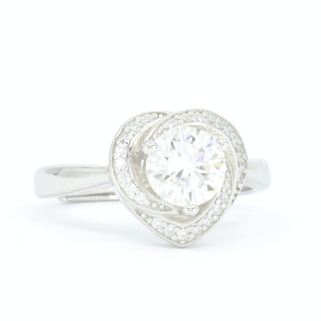 1 Carat Moissanite Heart Halo Engagement Ring – Adjustable Sterling Silver Free Size Ring for Women