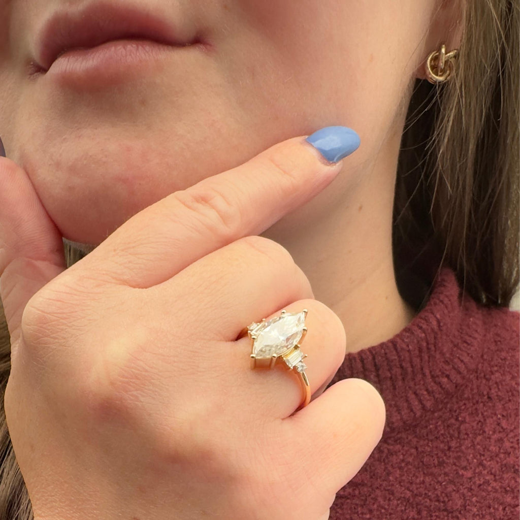 Adjustable 18k Gold Ring with Marquise Moissanite and Baguette Accents