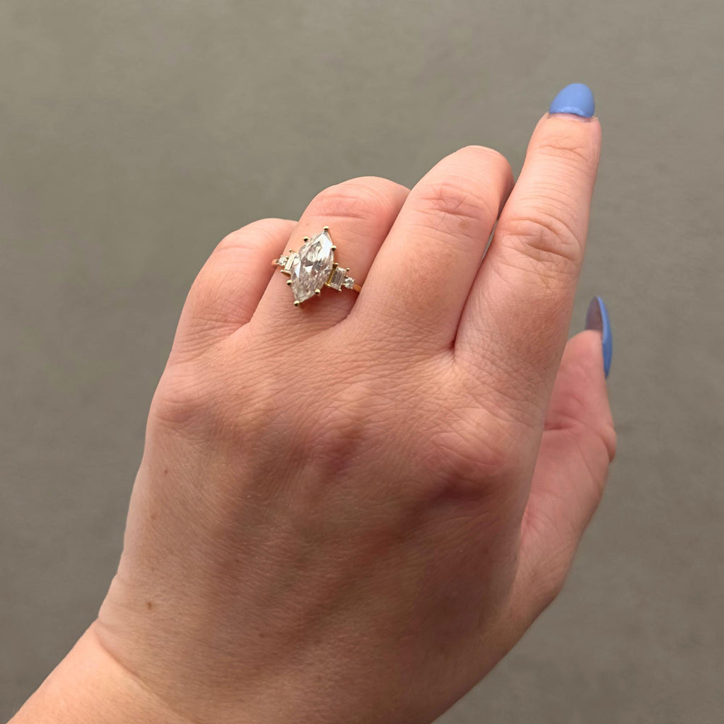 Adjustable 18k Gold Ring with Marquise Moissanite and Baguette Accents