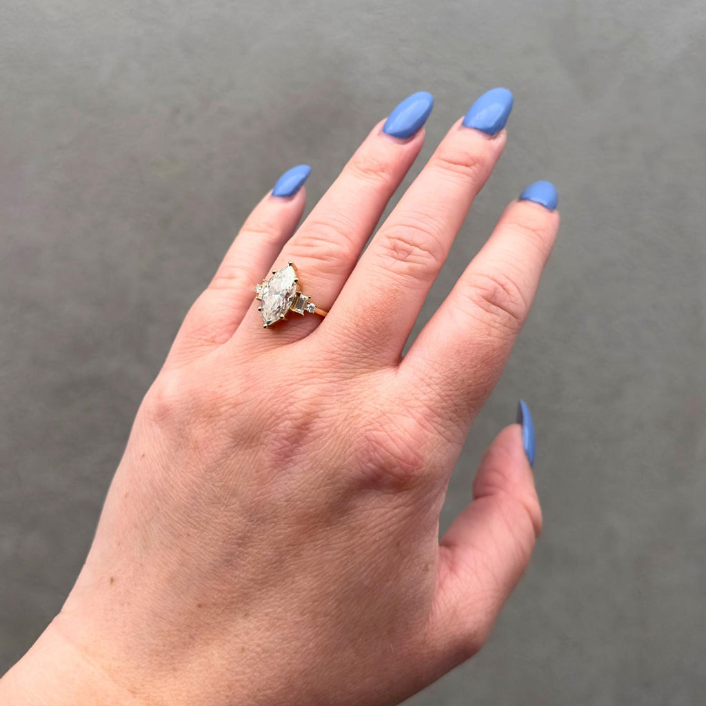 Adjustable 18k Gold Ring with Marquise Moissanite and Baguette Accents