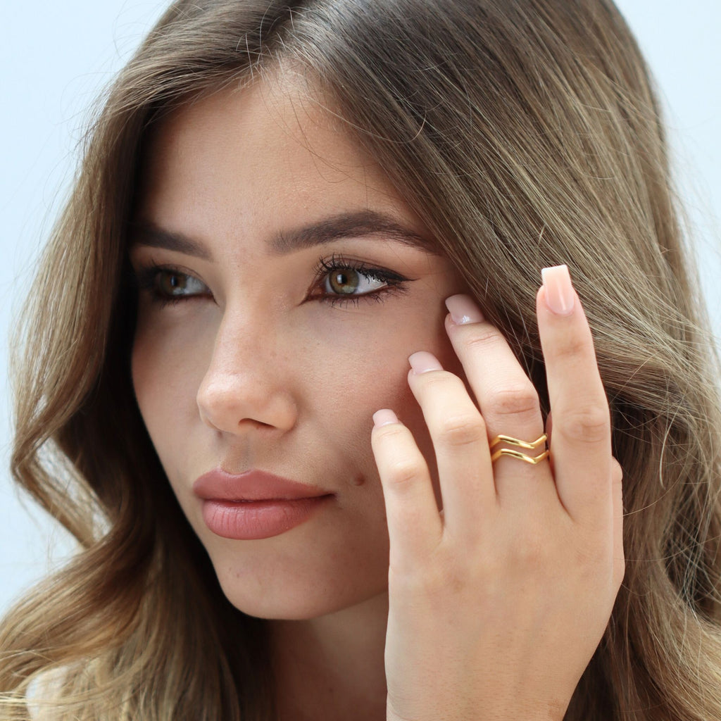 Double Wave Dainty Resizable Ring by Satinski - Adjustable Band in Gold & Silver for Women