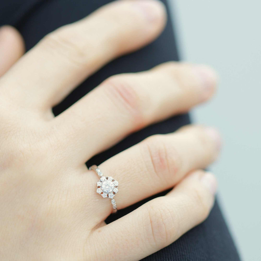 Satinski flower blossom silver crystal pave resizable stacking ring