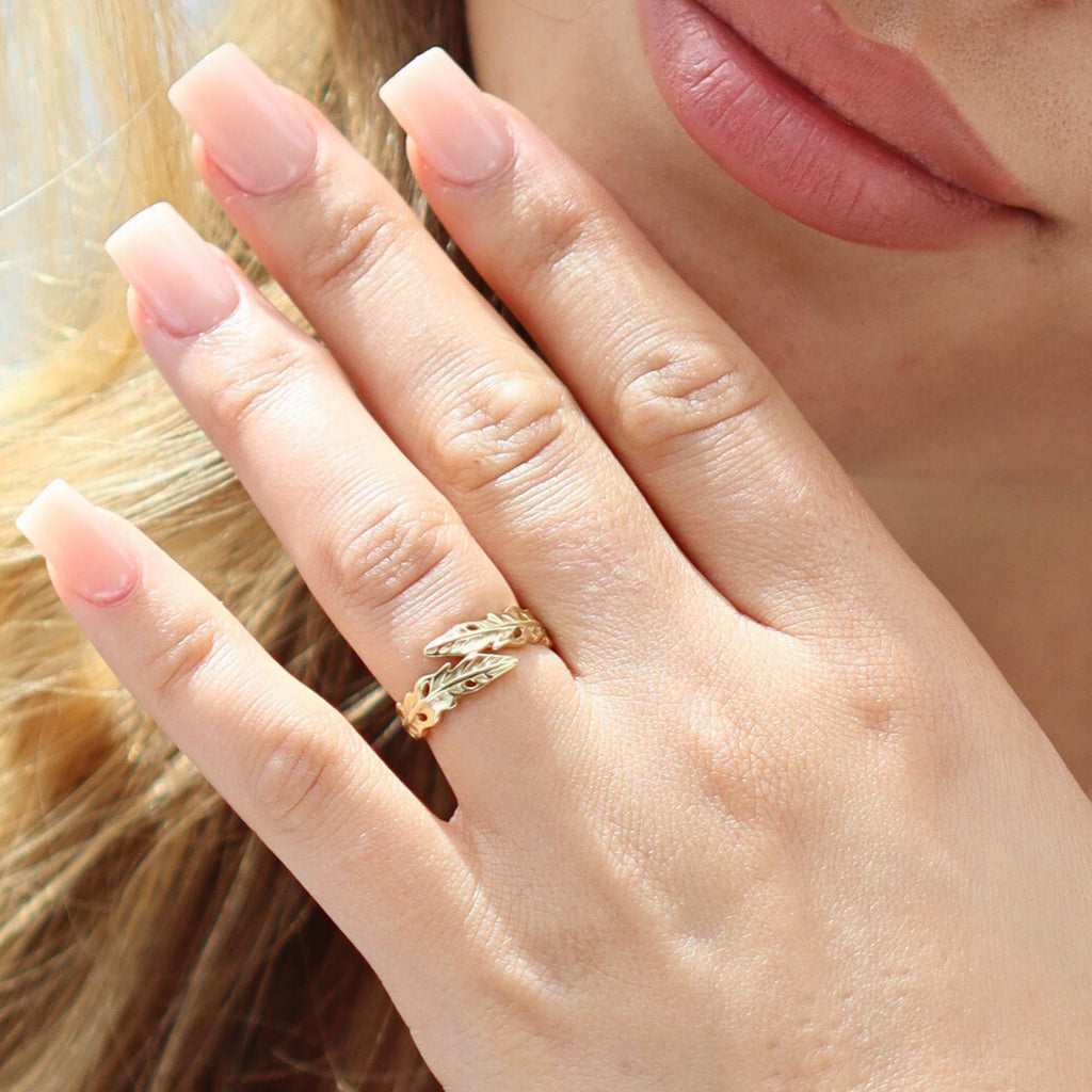 Satinski open hugging adjustable gold-plated leaf stacking ring