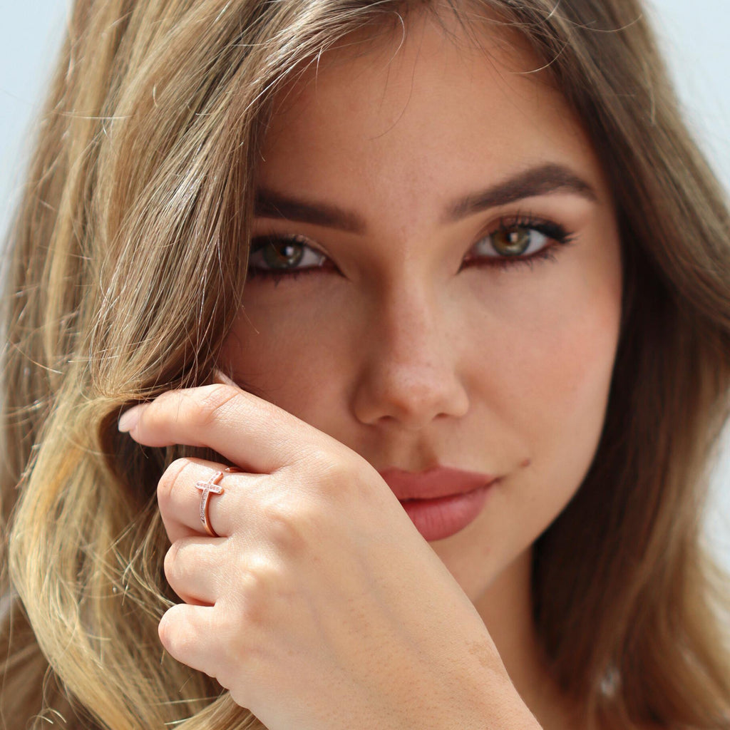 Satinski silver crystal cross open resizable stacking ring