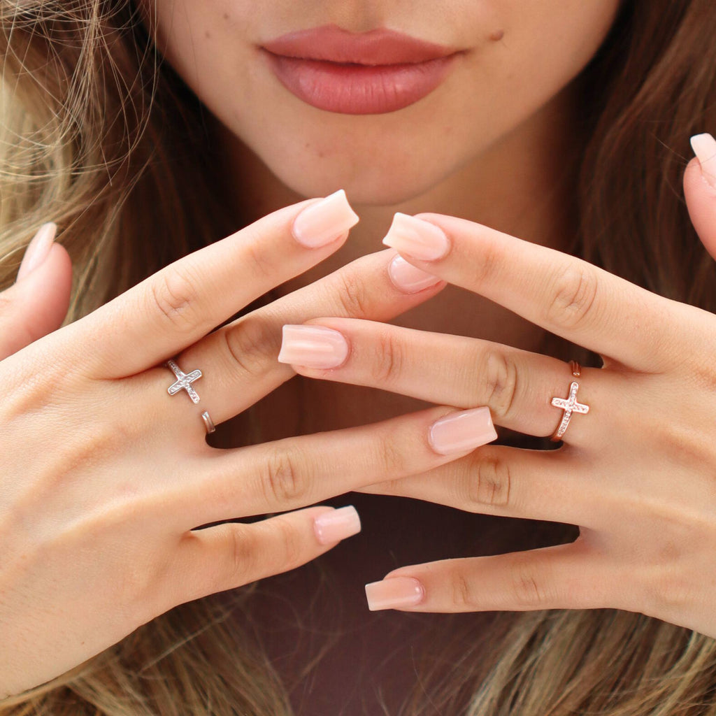 Satinski silver crystal cross open resizable stacking ring