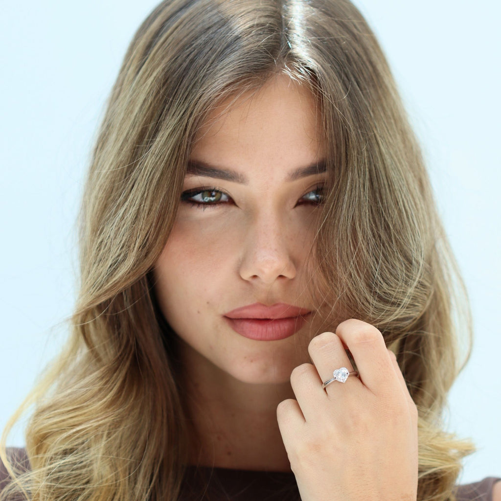 Satinski silver crystal heart resizable stacking ring