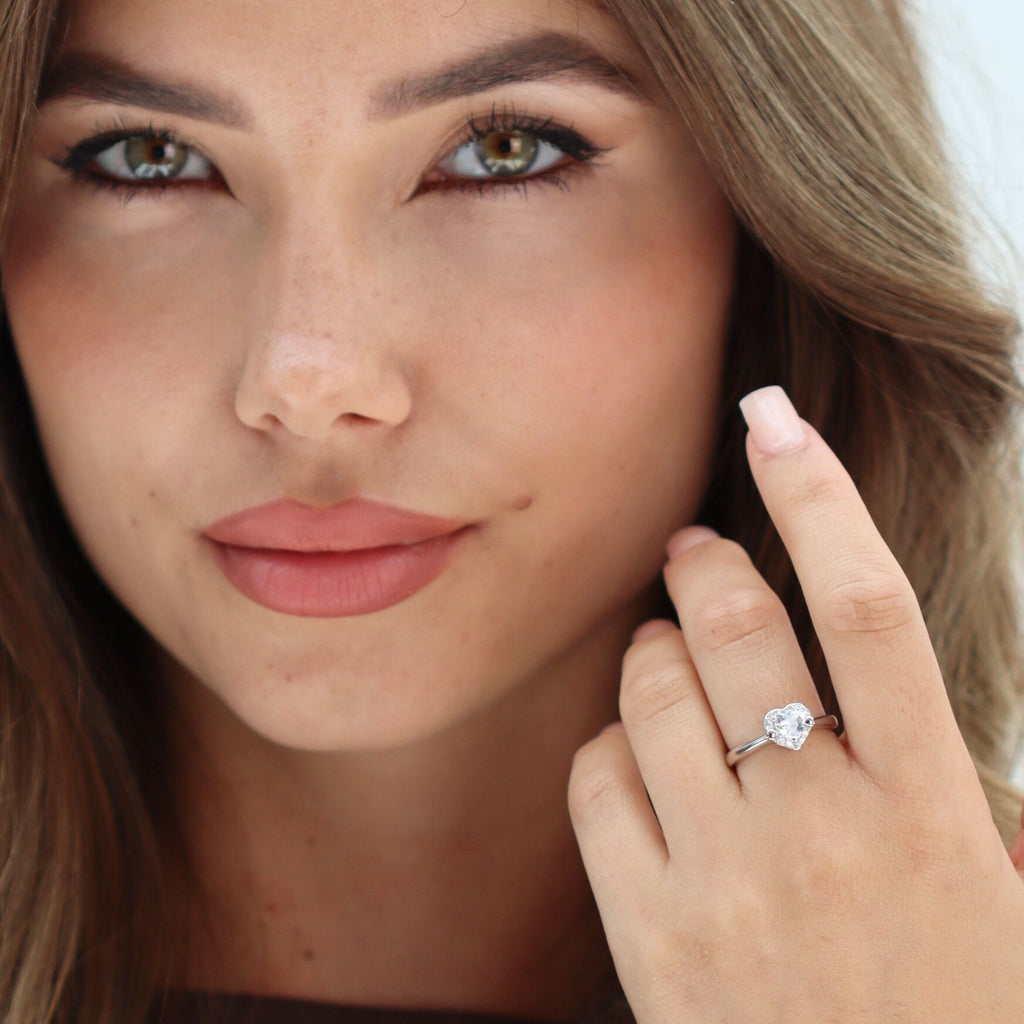 Satinski silver crystal heart resizable stacking ring