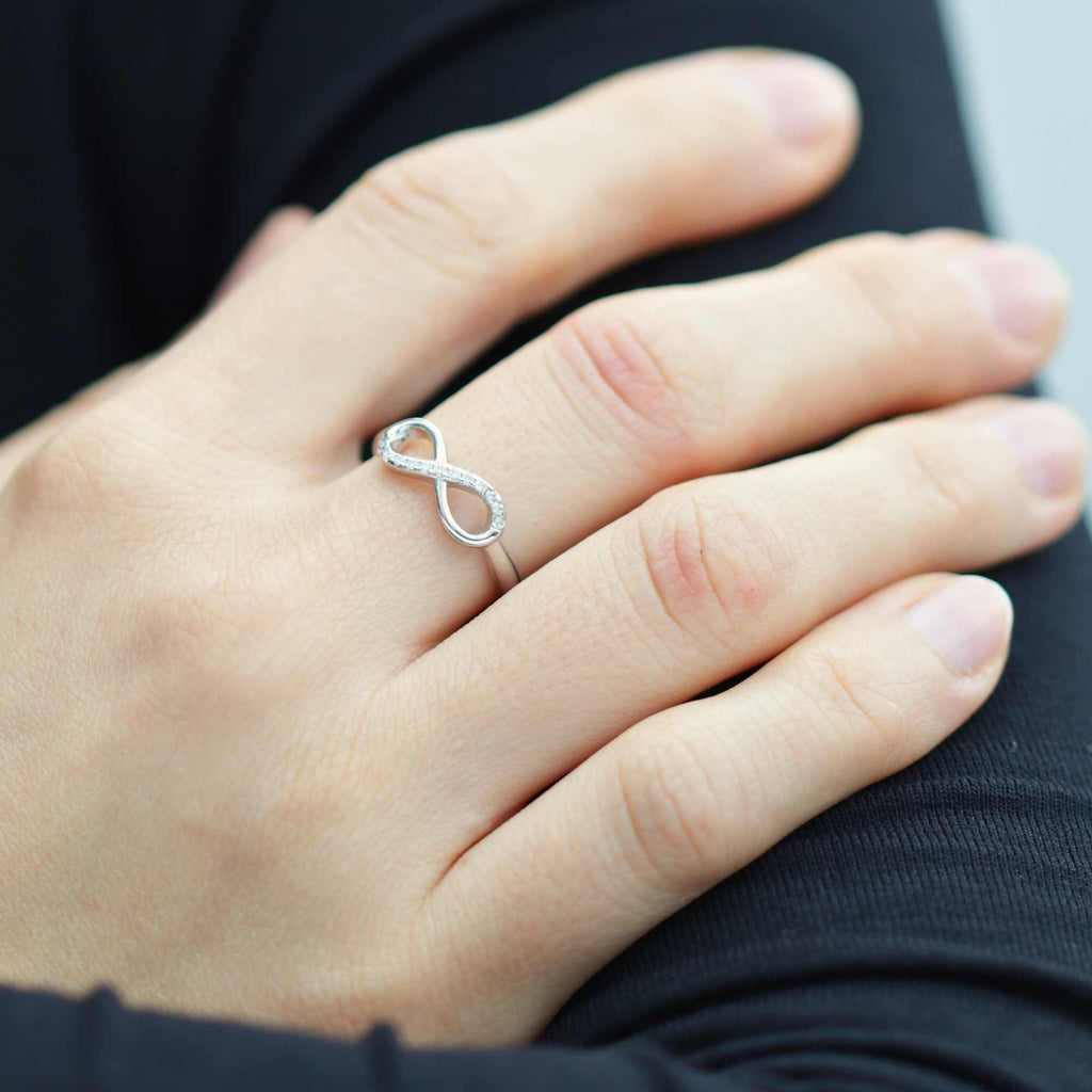 Satinski silver infinity delicate crystal resizable stacking ring