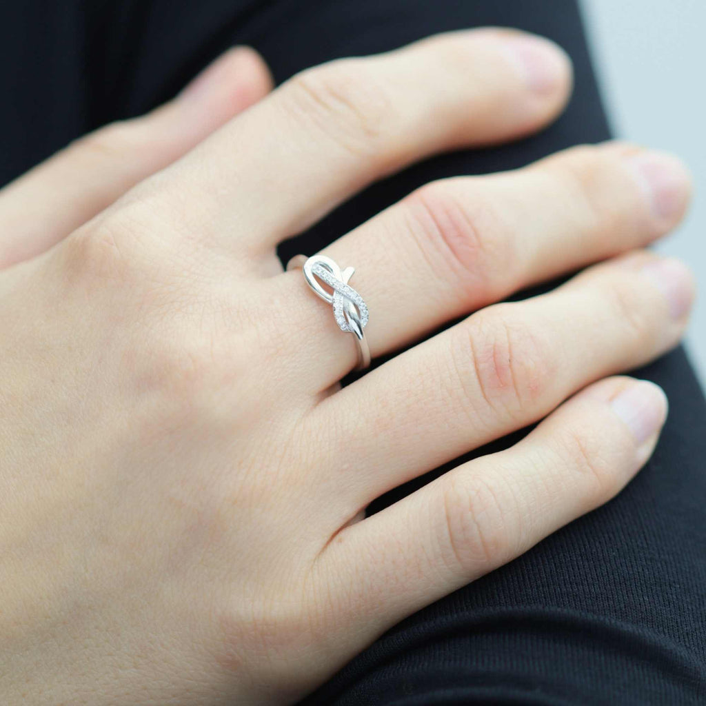 Satinski silver knot infinity crystal pave resizable stacking ring