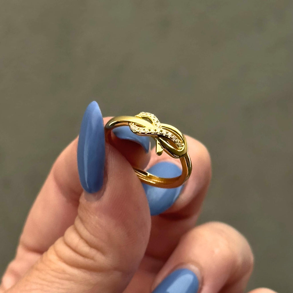 Satinski silver knot infinity crystal pave resizable stacking ring