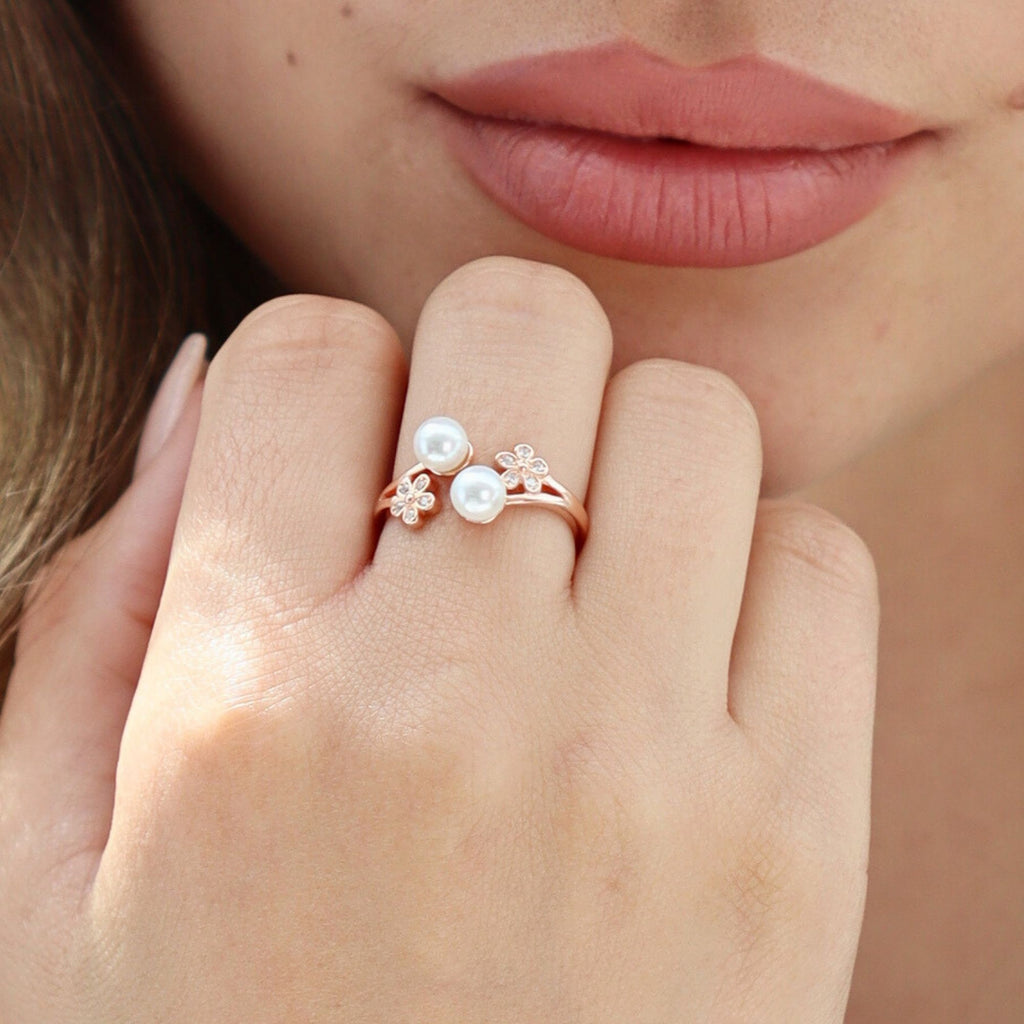 Satinski silver rose-gold plated pearl flower resizable stacking ring
