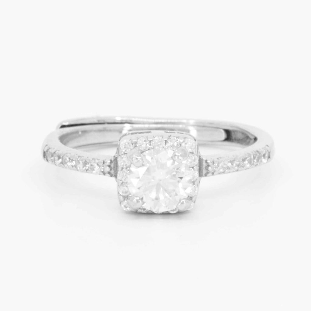 Satinski silver solitaire crystal square resizable engagement ring