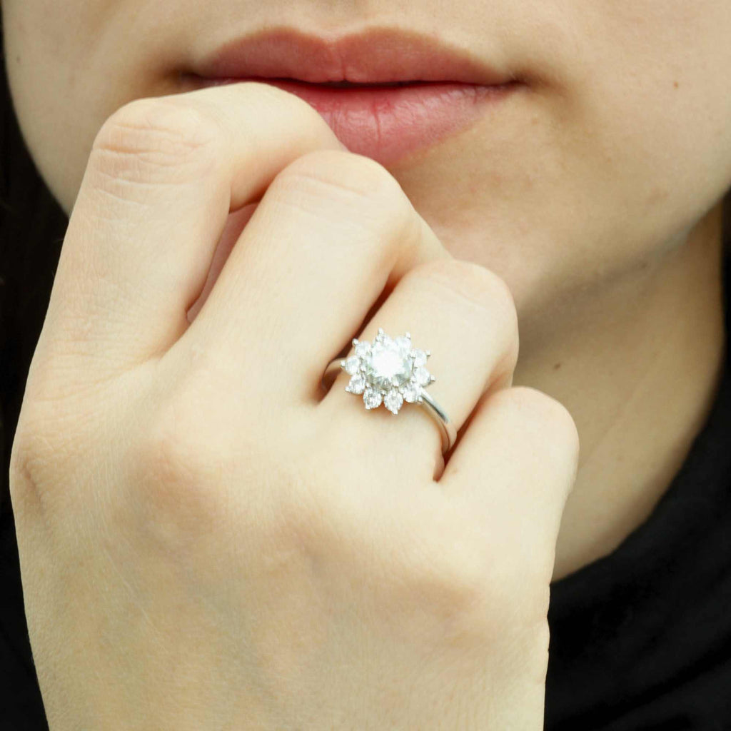 Satinski 1 carat moissanite flower silver resizable engagement ring