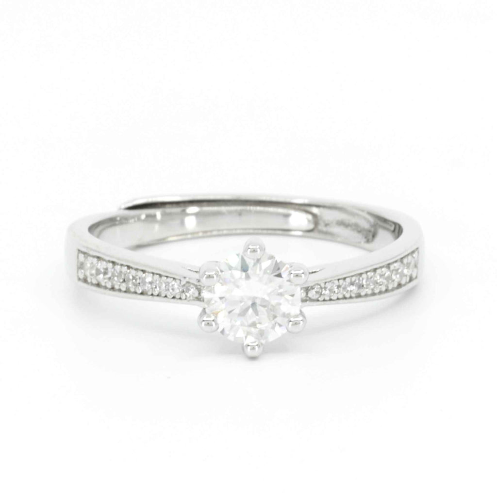Dainty adjustable gold engagement ring with 0.5 carat moissanite in front view