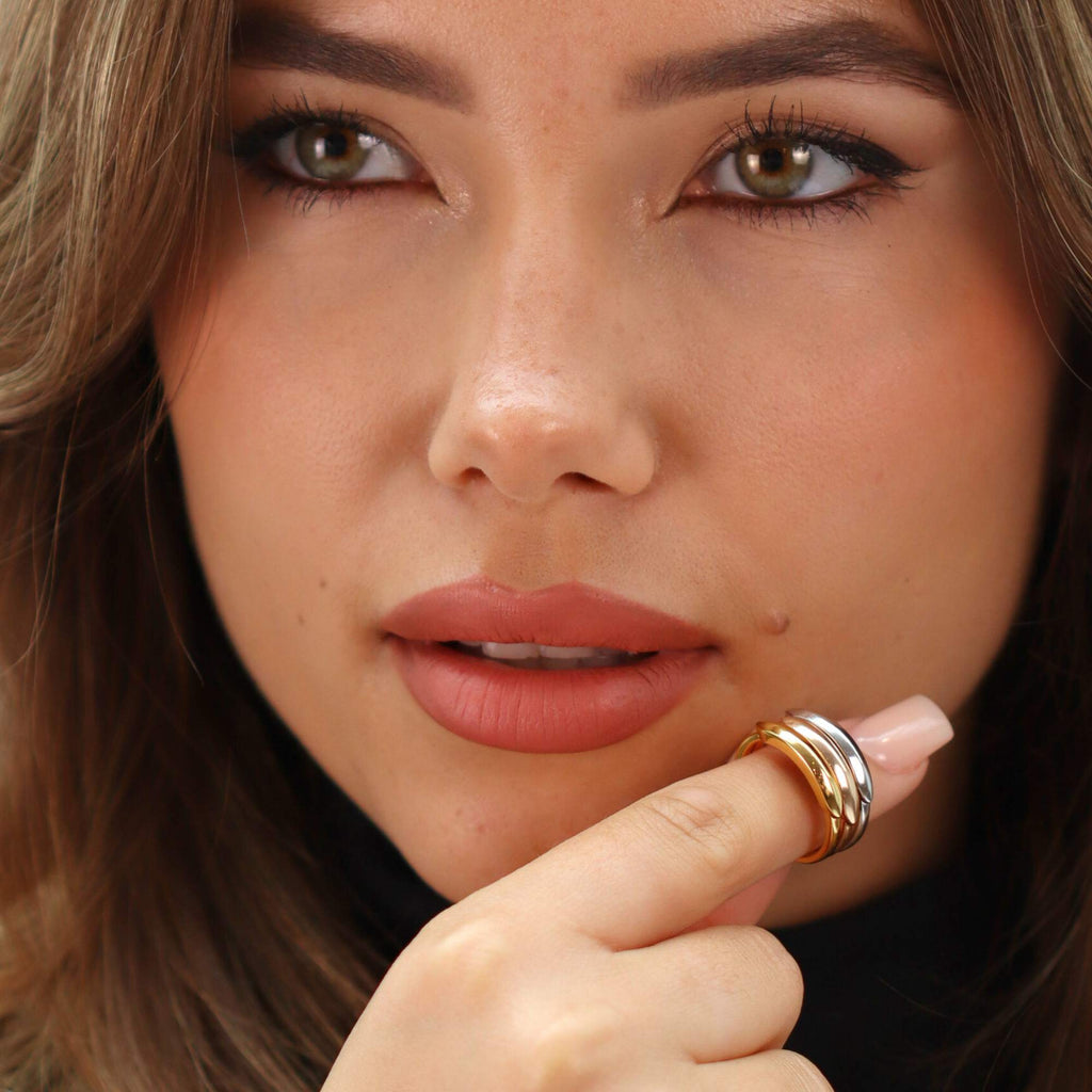 Allring Edge gold rings styled on hand, adjustable stacking ring