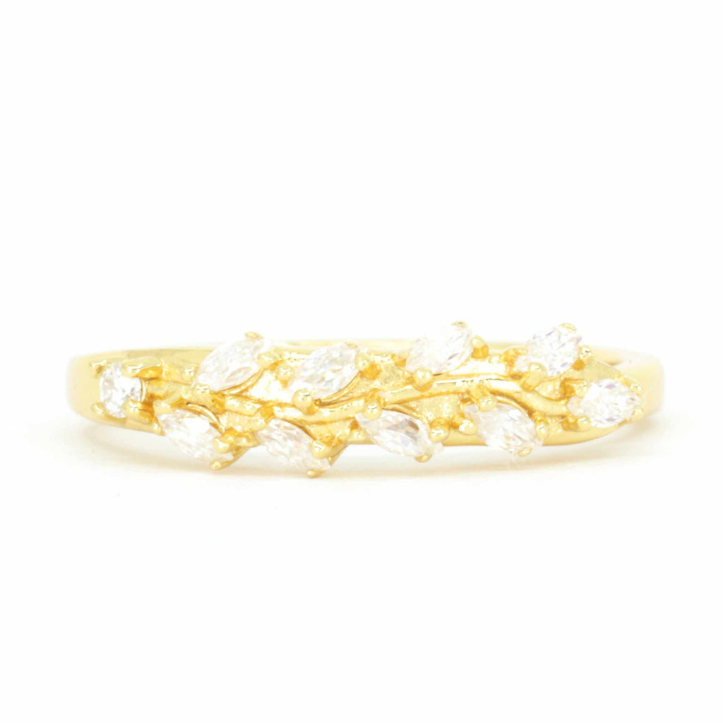Allring adjustable gold crystal olive branch ring for women on white background, resizable and elegant