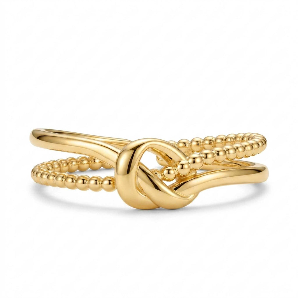 Frontview of Satinski Dainty Adjustable Open Knot Ring in sterling silver gold plated with knot detail