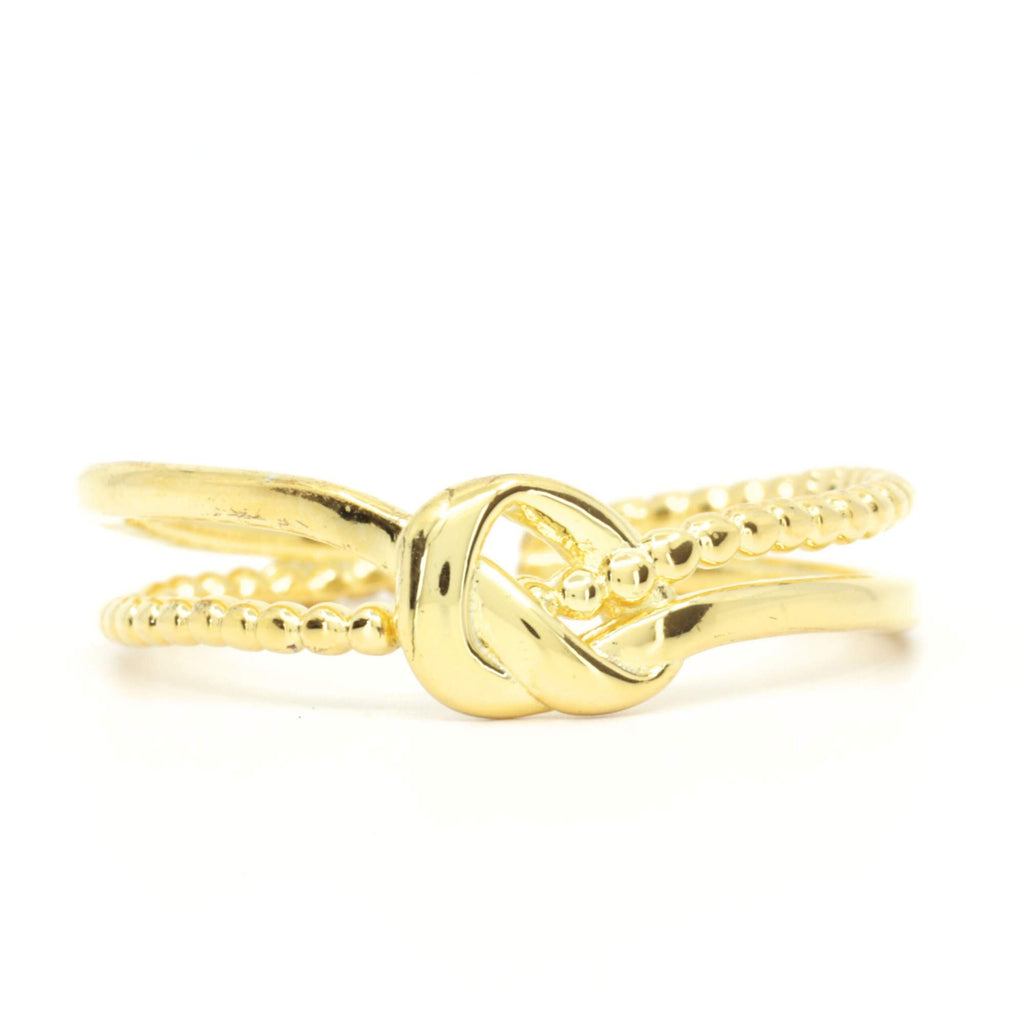 Frontview of Satinski Dainty Adjustable Open Knot Ring in sterling silver gold plated with knot detail