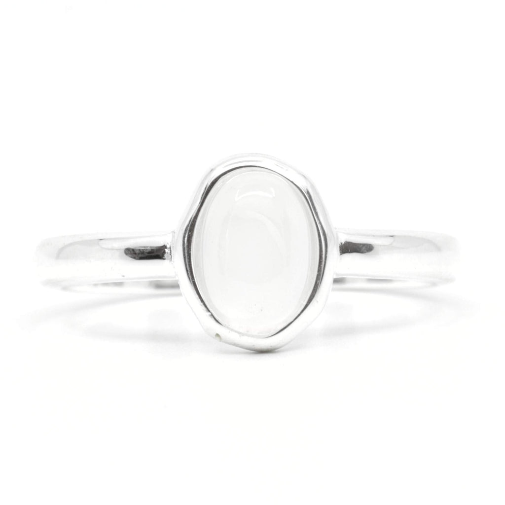 Close-up of Satinski dainty adjustable open opal ring in sterling silver.