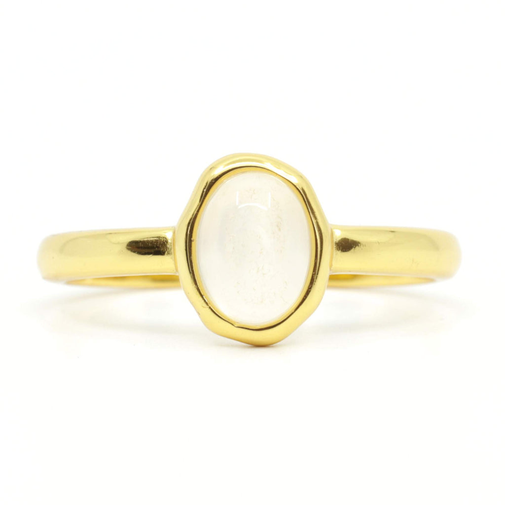 Close-up of Satinski dainty adjustable open opal ring in gold finish.