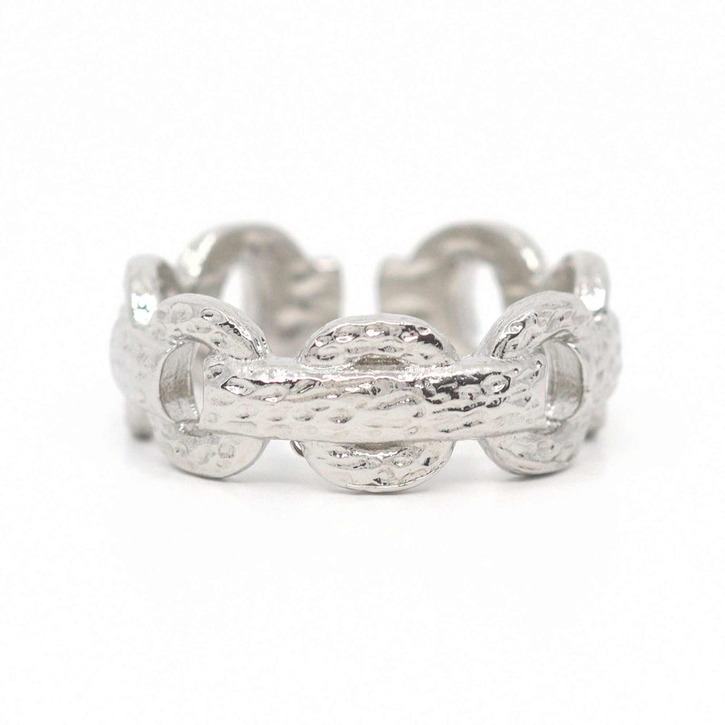 Satinski cross chain solid open silver resizable stacking ring