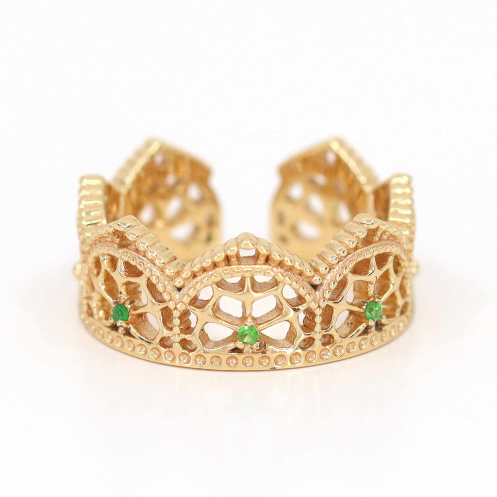 Satinski crown emerald silver open resizable stacking ring