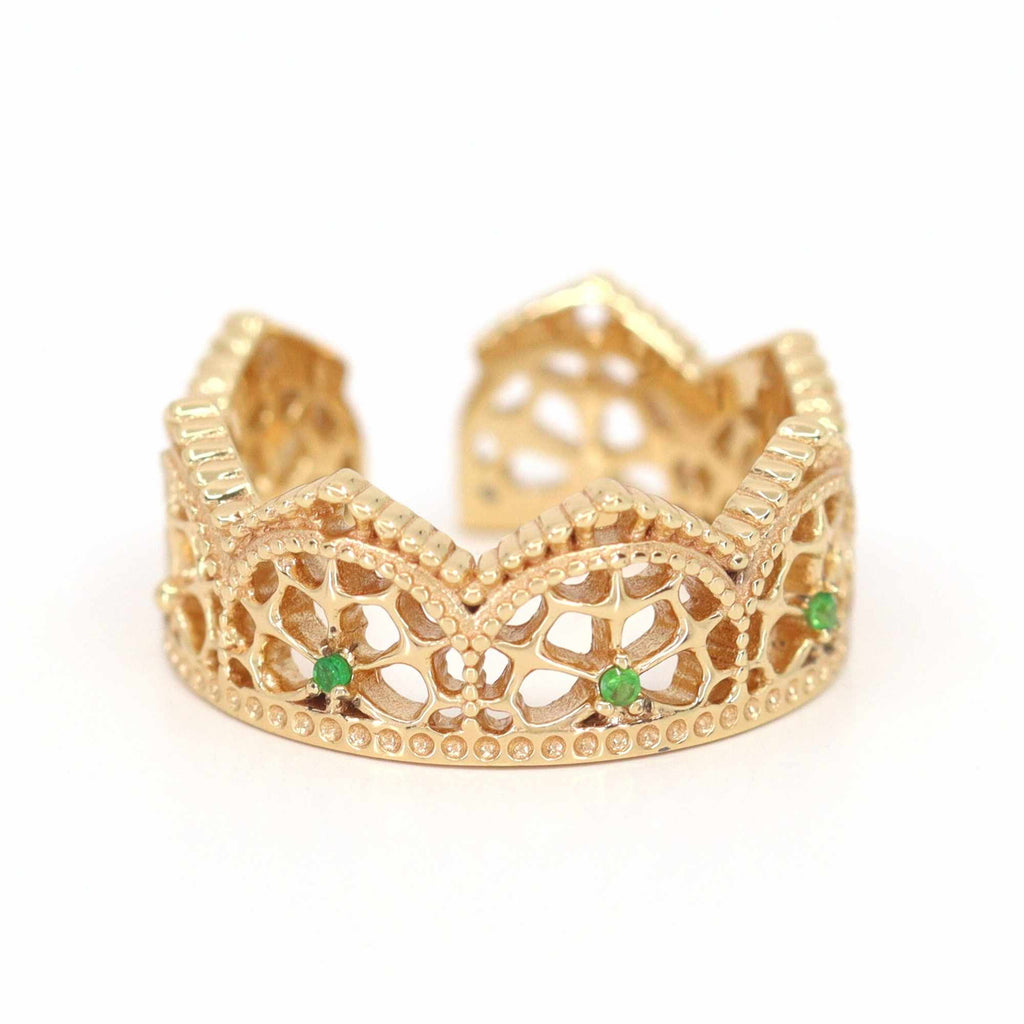 Satinski crown emerald silver open resizable stacking ring