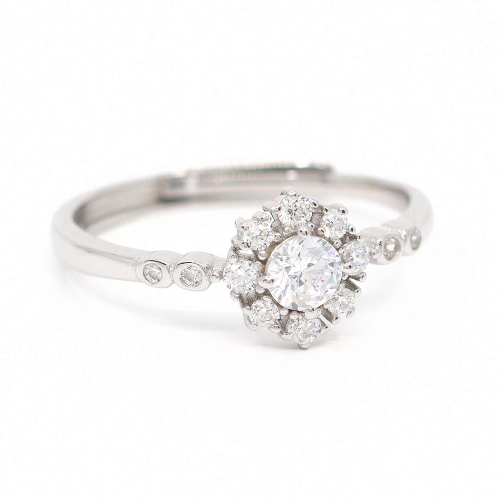 Satinski flower blossom silver crystal pave resizable stacking ring