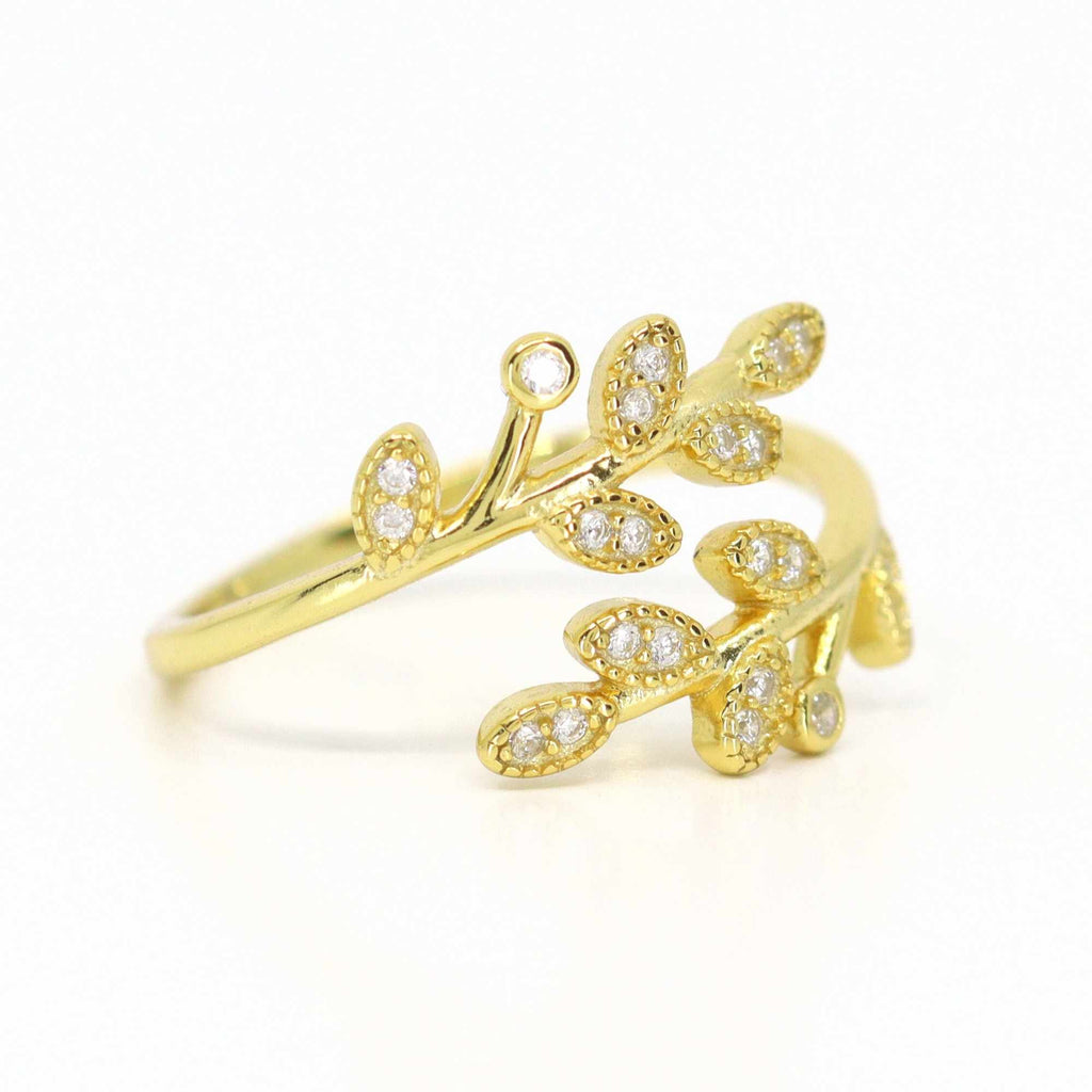 Satinski gold-plated silver olive leaf branch resizable stacking ring