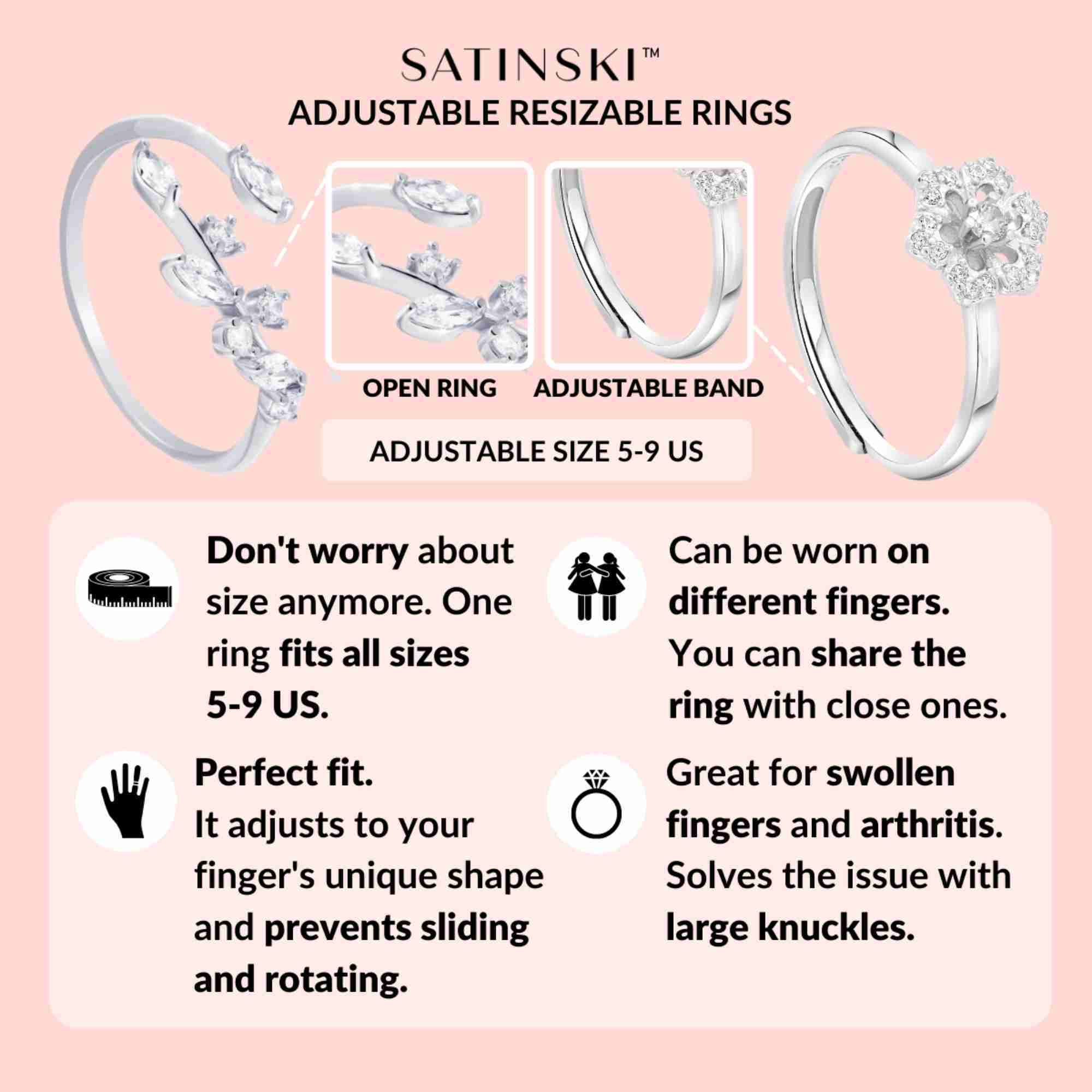 Satinski リリーの花 18k 金メッキ銀製 オープン調整可能 スタッキング 