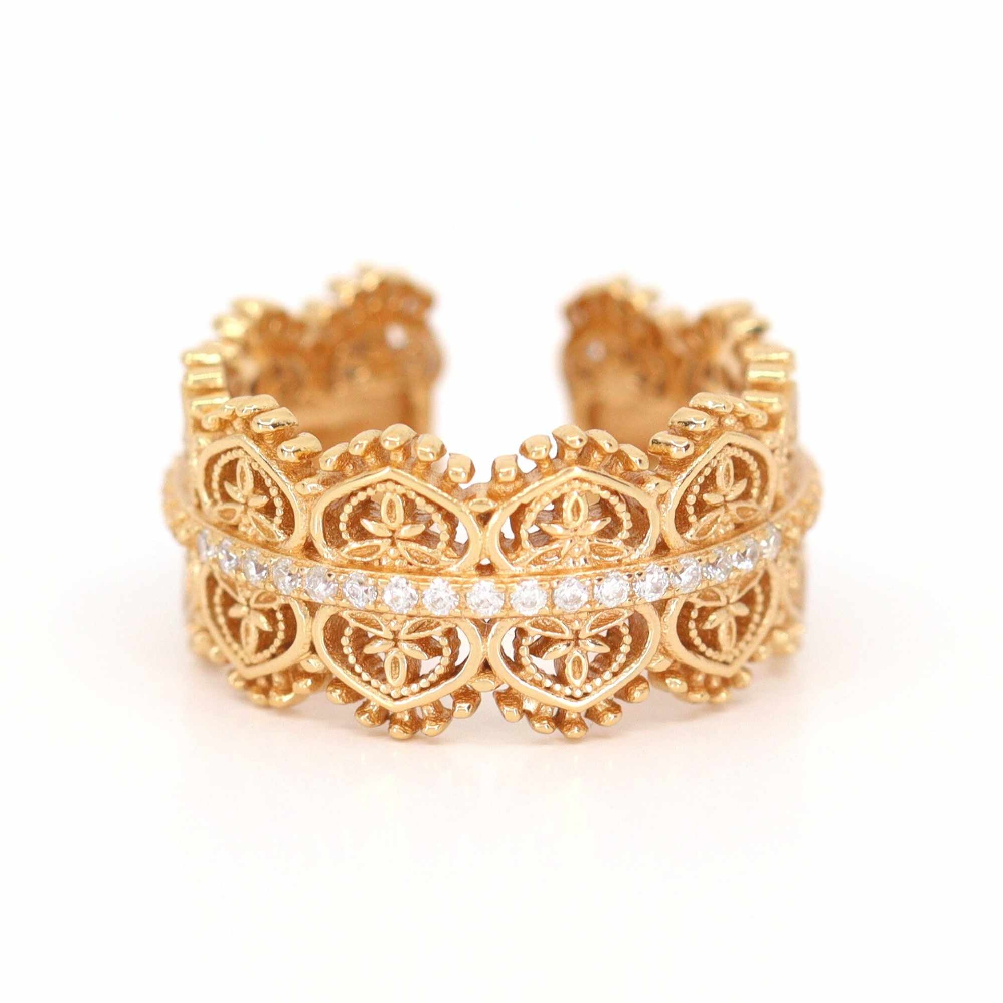 Satinski リリーの花 18k 金メッキ銀製 オープン調整可能 スタッキング 