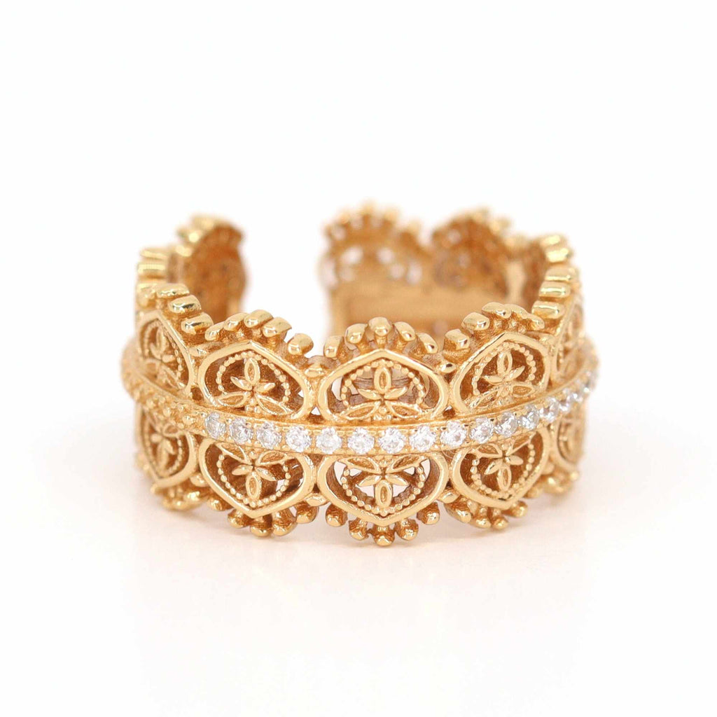 Satinski lily flower 18k gold-plated silver open resizable stacking ring