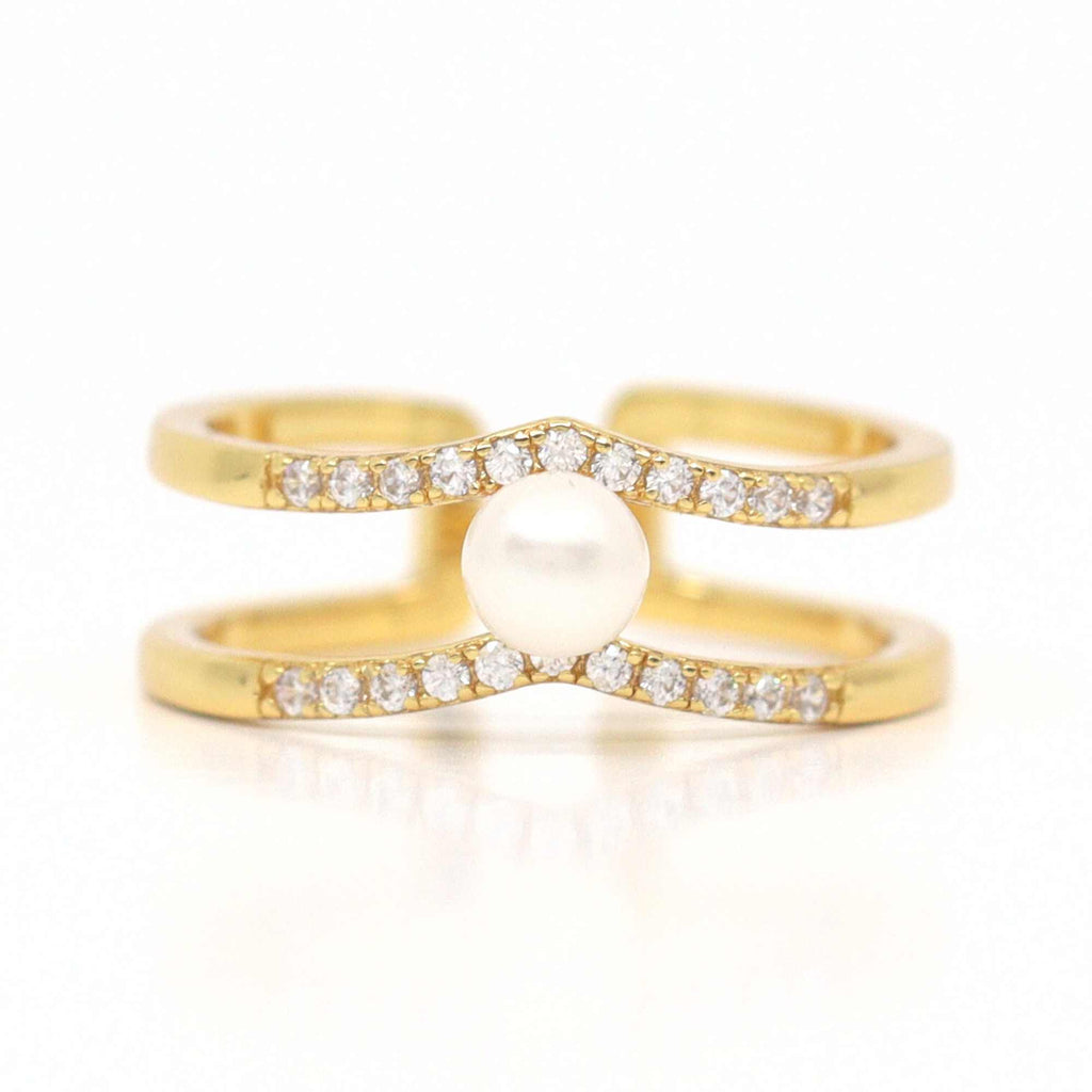 Satinski natural pearl 18k gold-plated double open resizable stacking ring