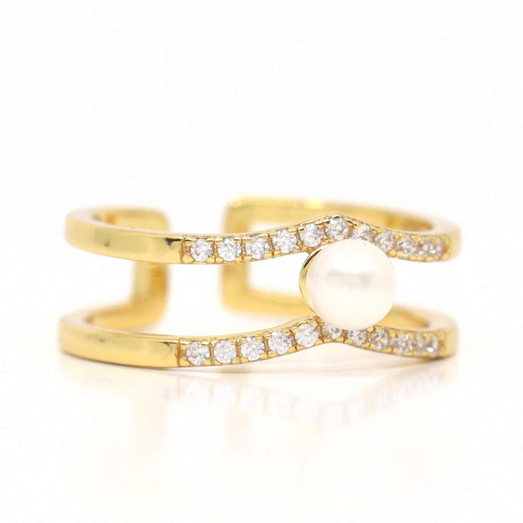 Satinski natural pearl 18k gold-plated double open resizable stacking ring