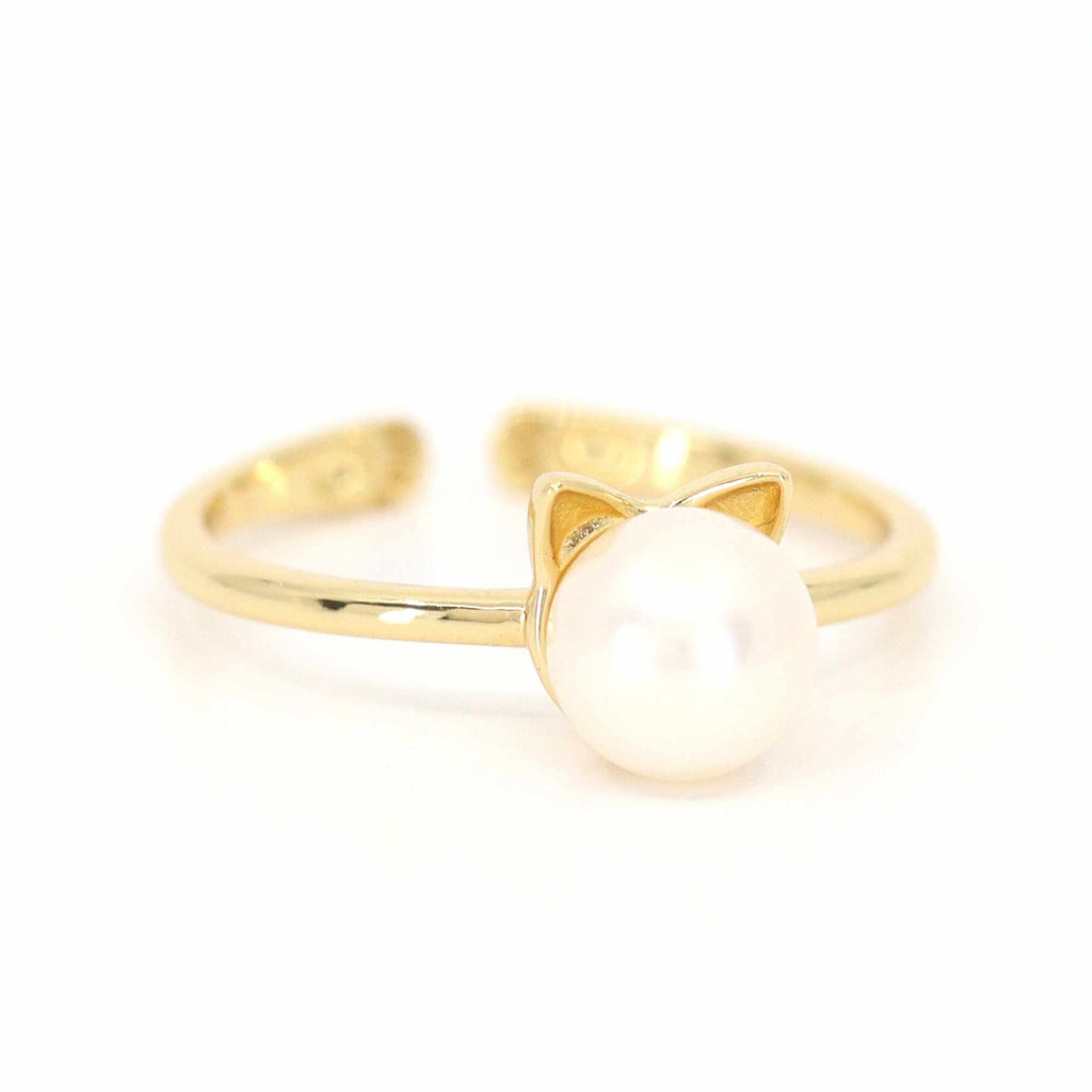 Satinski natural pearl cat 18k gold-plated silver resizable stacking ring