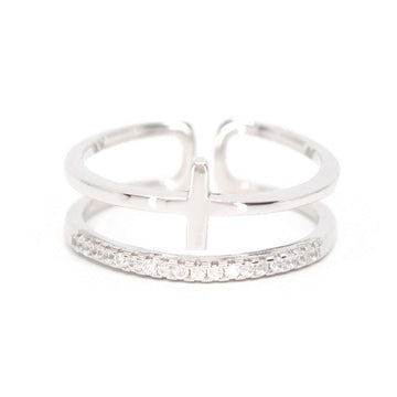 Satinski silver cross double round crystal resizable stacking ring