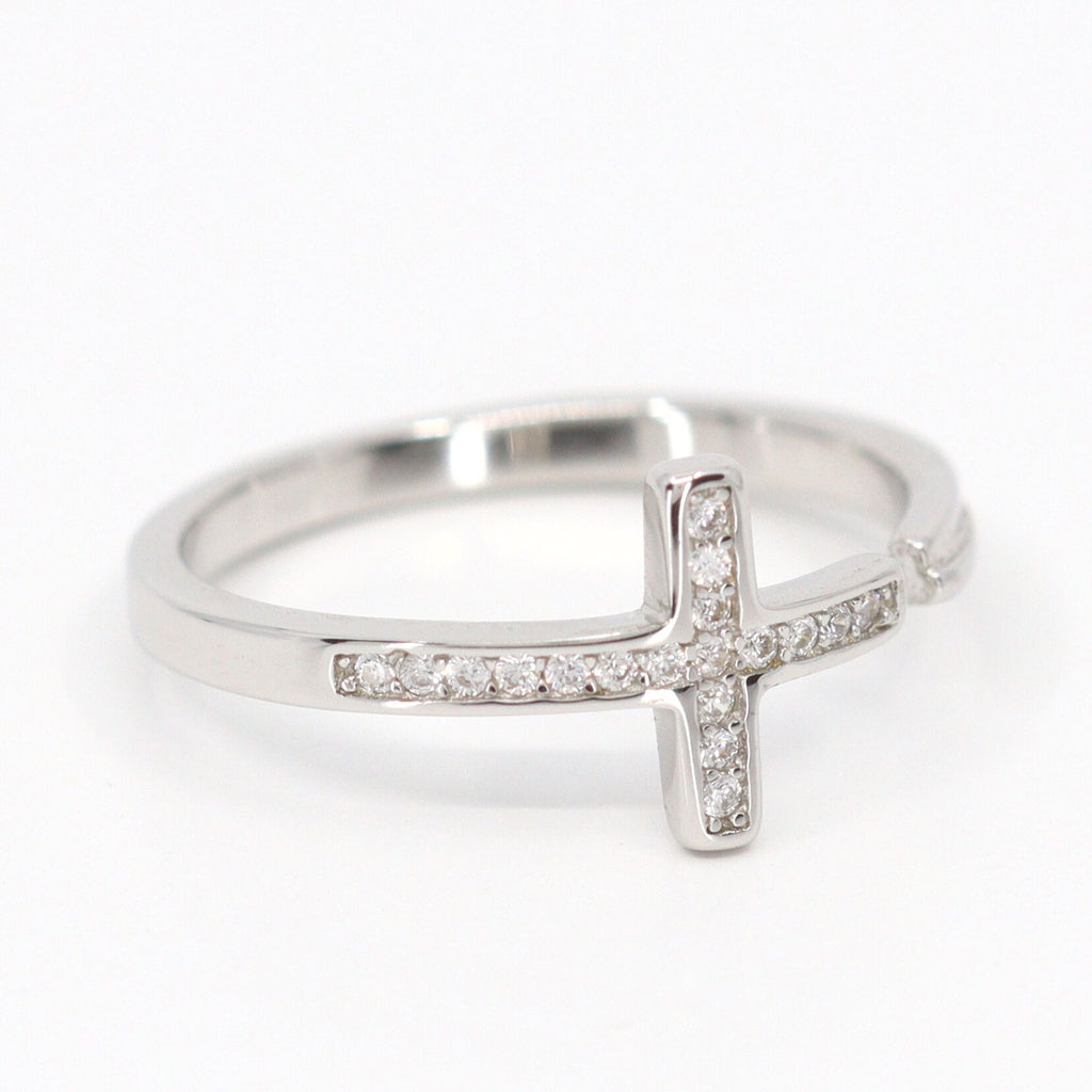 Satinski silver crystal cross open resizable stacking ring