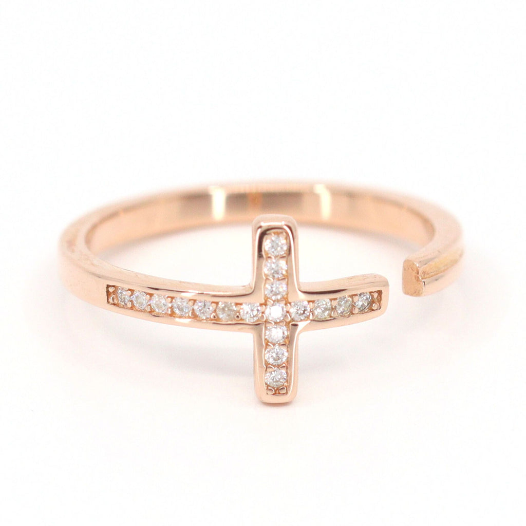 Satinski silver crystal cross open resizable stacking ring