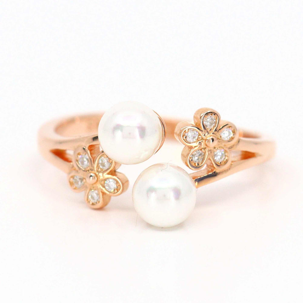 Satinski silver rose-gold plated pearl flower resizable stacking ring