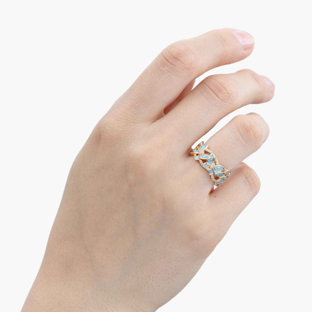 Satinski butterfly 18k gold-plated silver blue adjustable crystal open ring