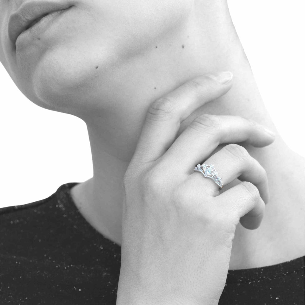 Satinski crown heart silver crystal resizable stacking ring