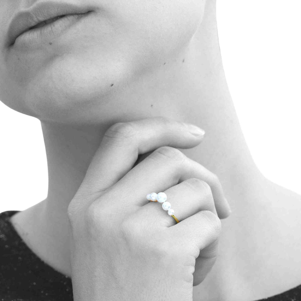 Satinski dainty pearl silver fishbone resizable stacking ring