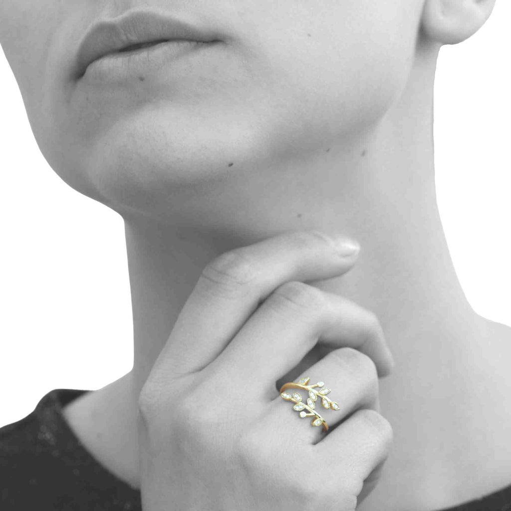 Satinski gold-plated silver olive leaf branch resizable stacking ring