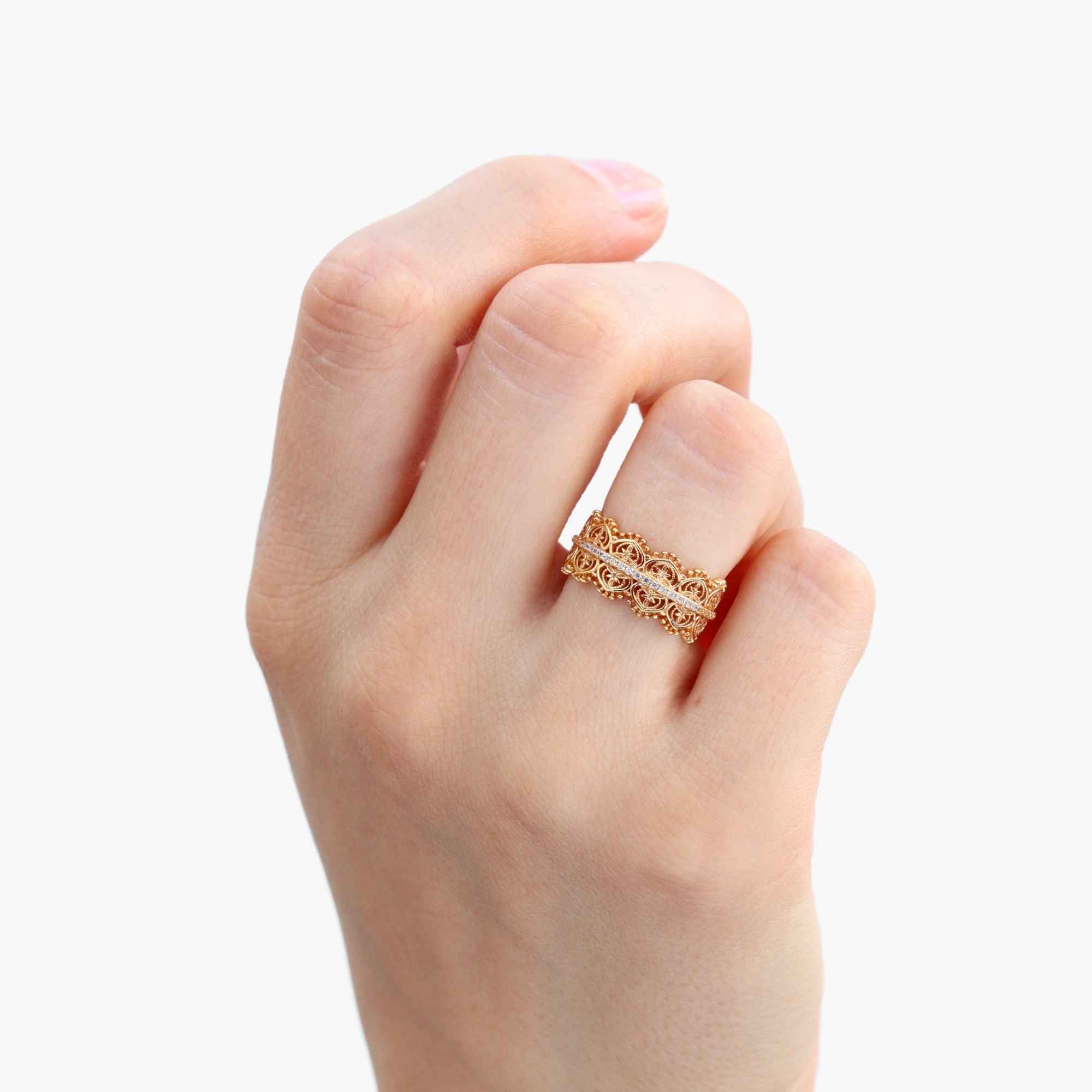 Satinski リリーの花 18k 金メッキ銀製 オープン調整可能 スタッキング 