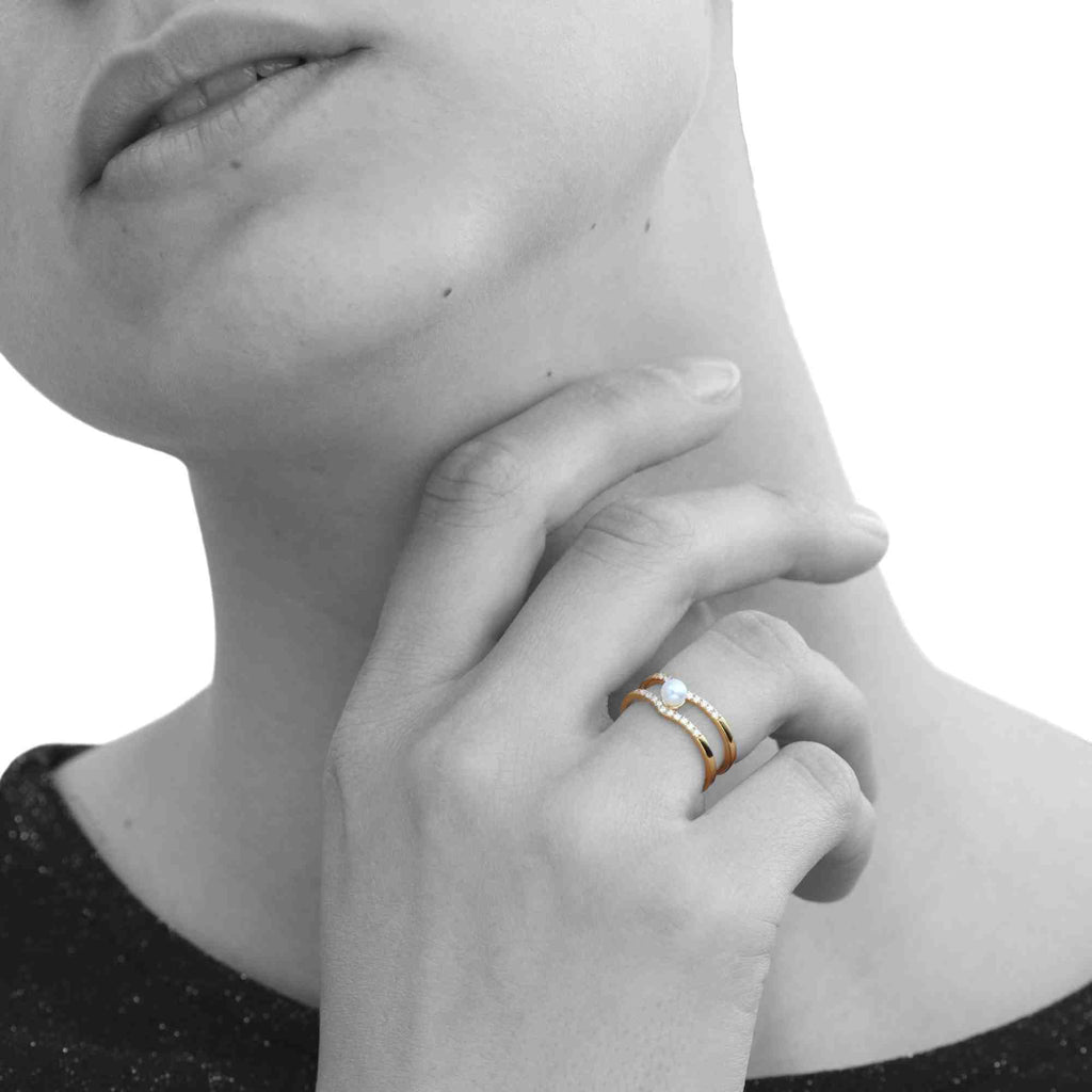 Satinski natural pearl 18k gold-plated double open resizable stacking ring