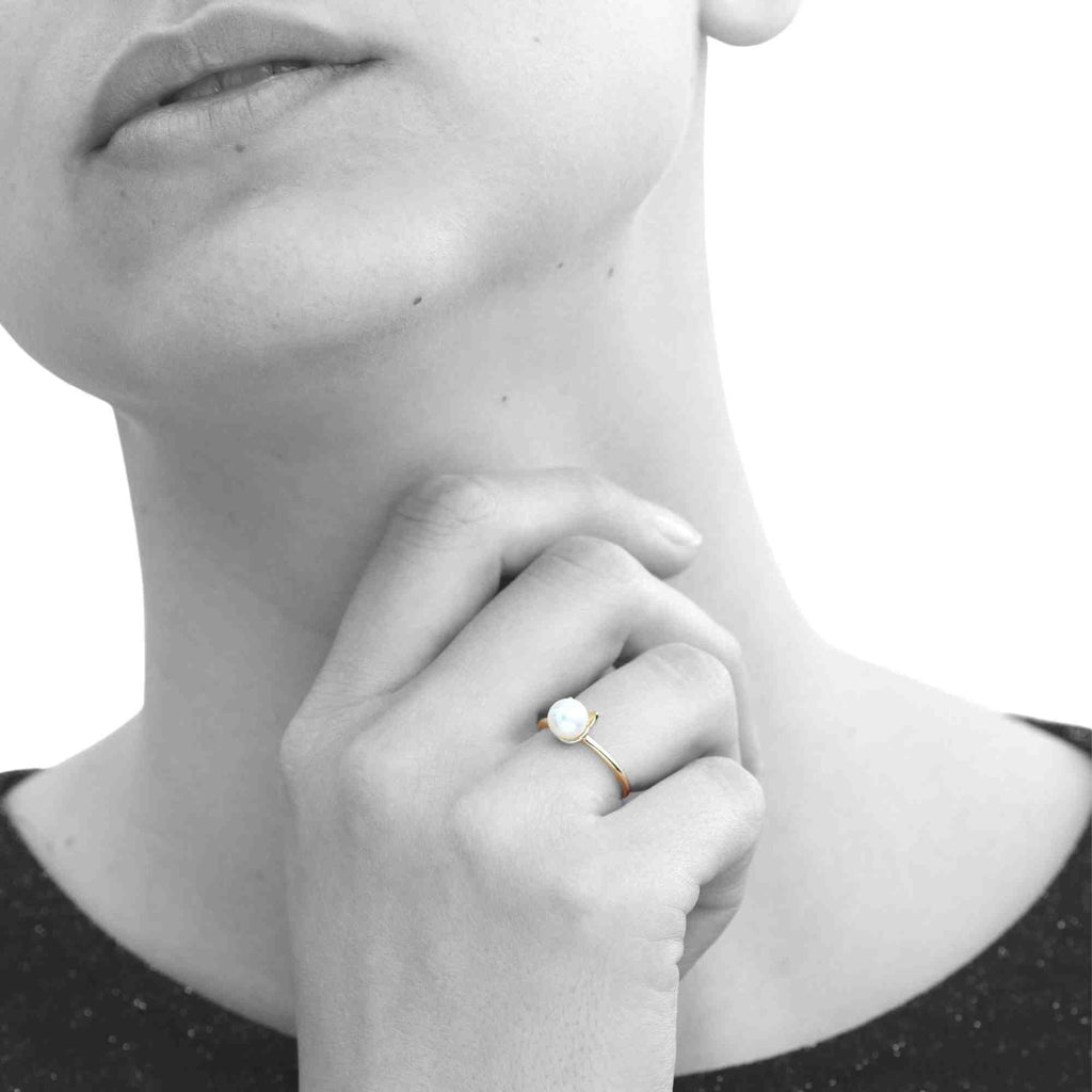 Satinski natural pearl cat 18k gold-plated silver resizable stacking ring