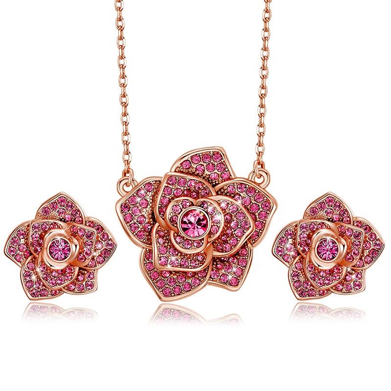 Satinski rose blossom Swarovski crystals earrings necklace flower set