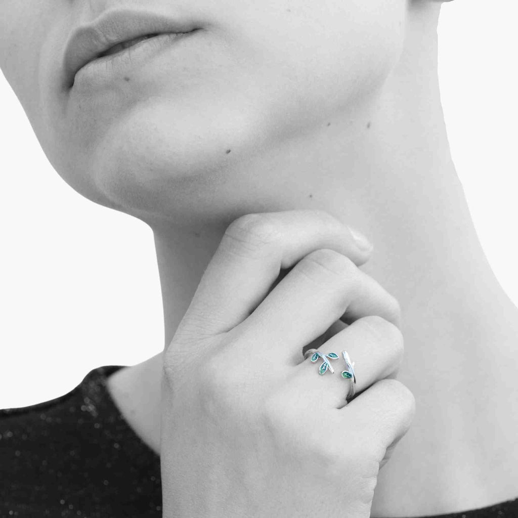 Satinski silver branch green leaf resizable stacking ring