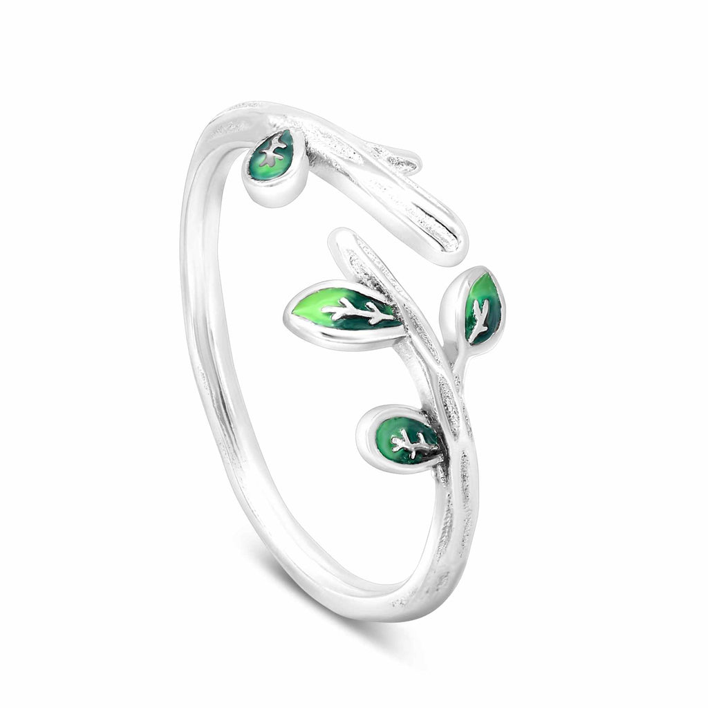 Satinski silver branch green leaf resizable stacking ring